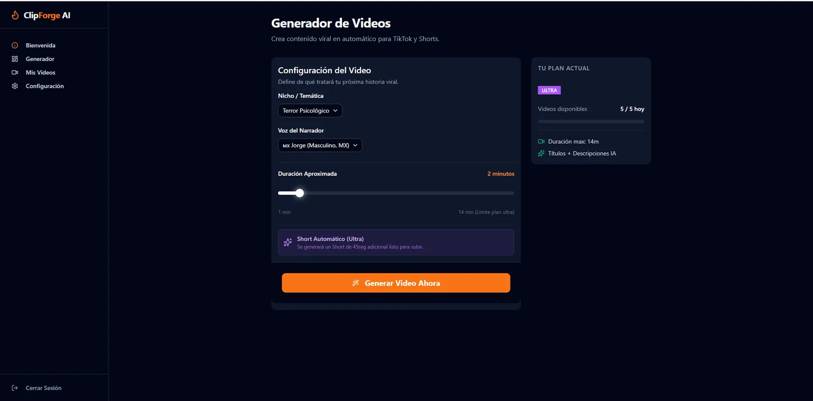 Generador de videos: nicho, voz del narrador y duración