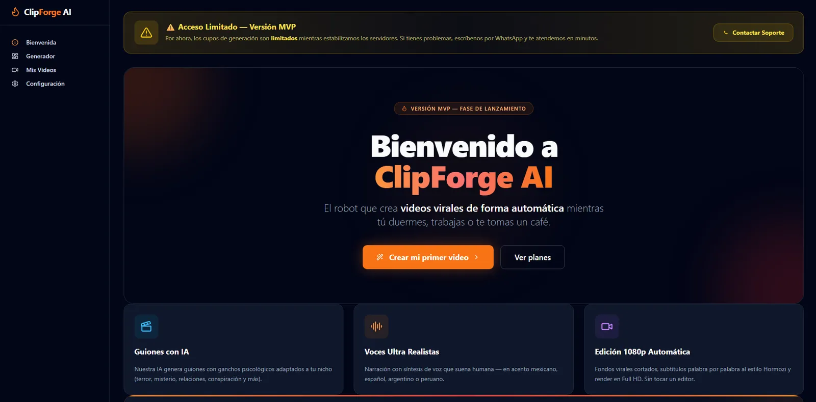 Pantalla de bienvenida de ClipForge AI