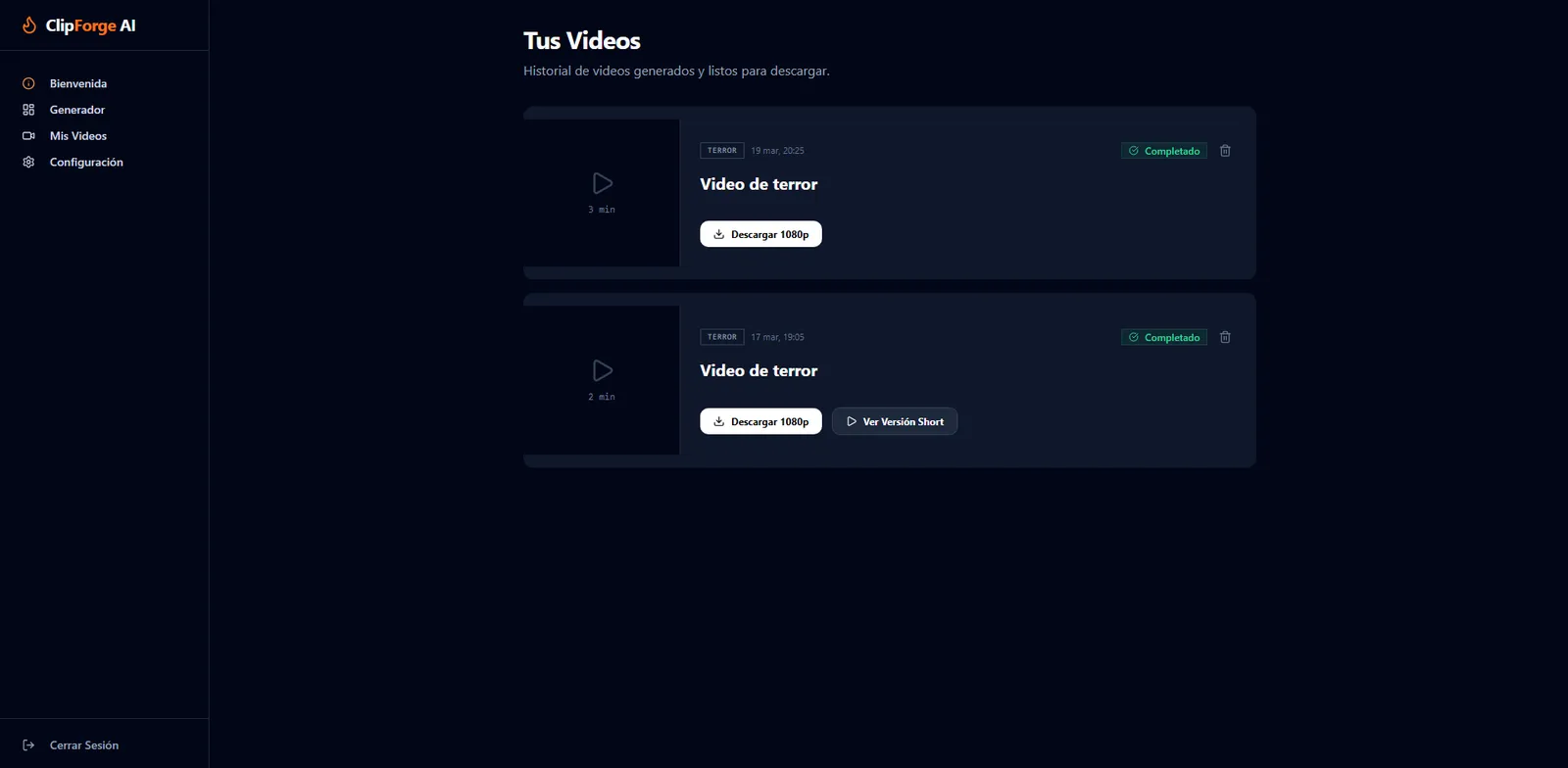 Historial de videos generados listos para descargar