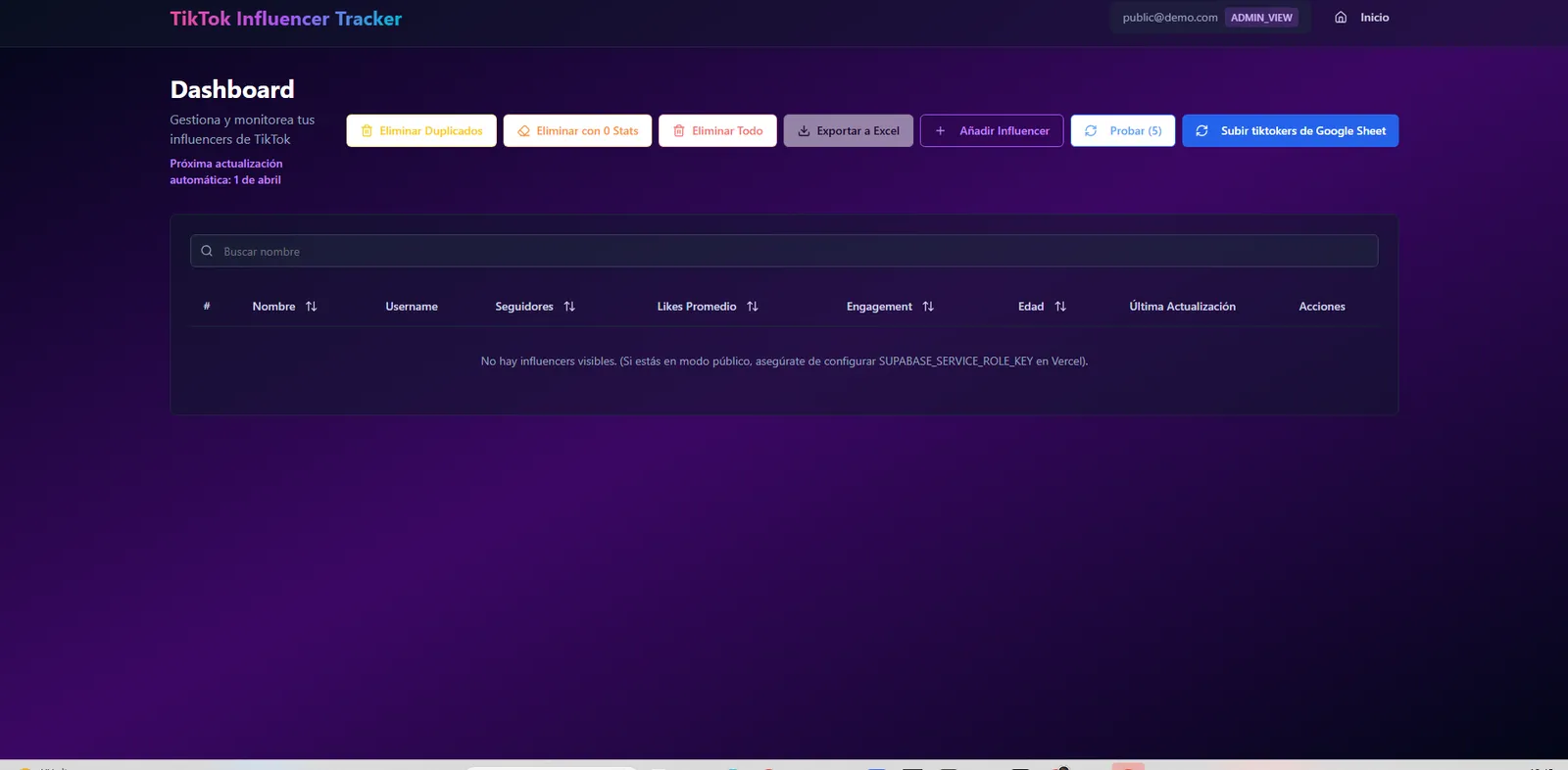 Dashboard con la tabla de influencers y acciones de importación y exportación
