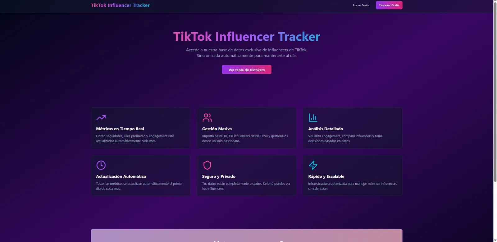 Página de inicio de TikTok Influencer Tracker