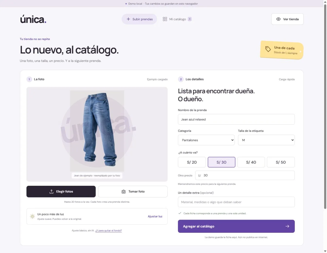 Demo de catálogo Única para prendas únicas