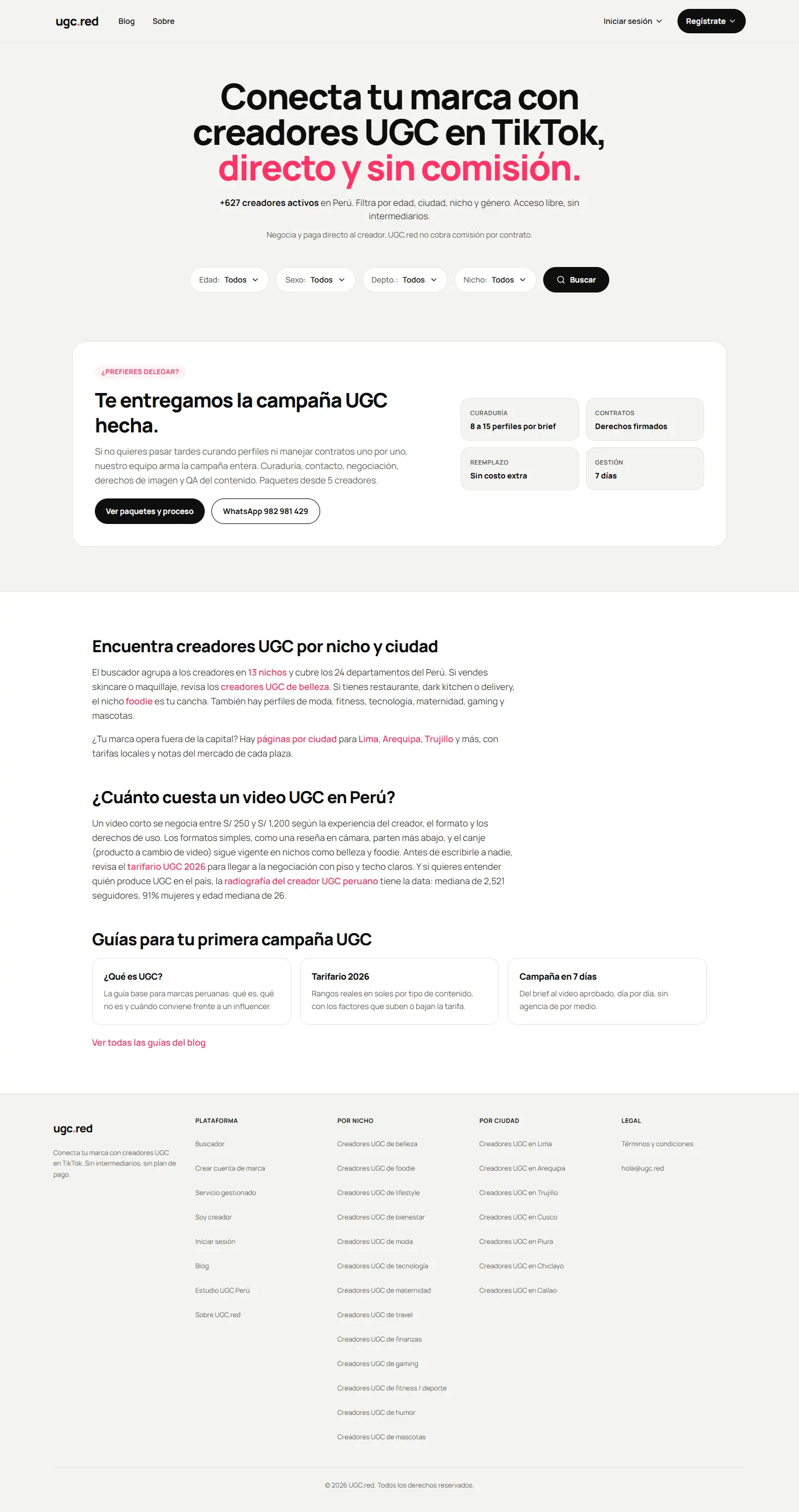 Página de inicio de ugc.red con filtros de edad, sexo, departamento y nicho